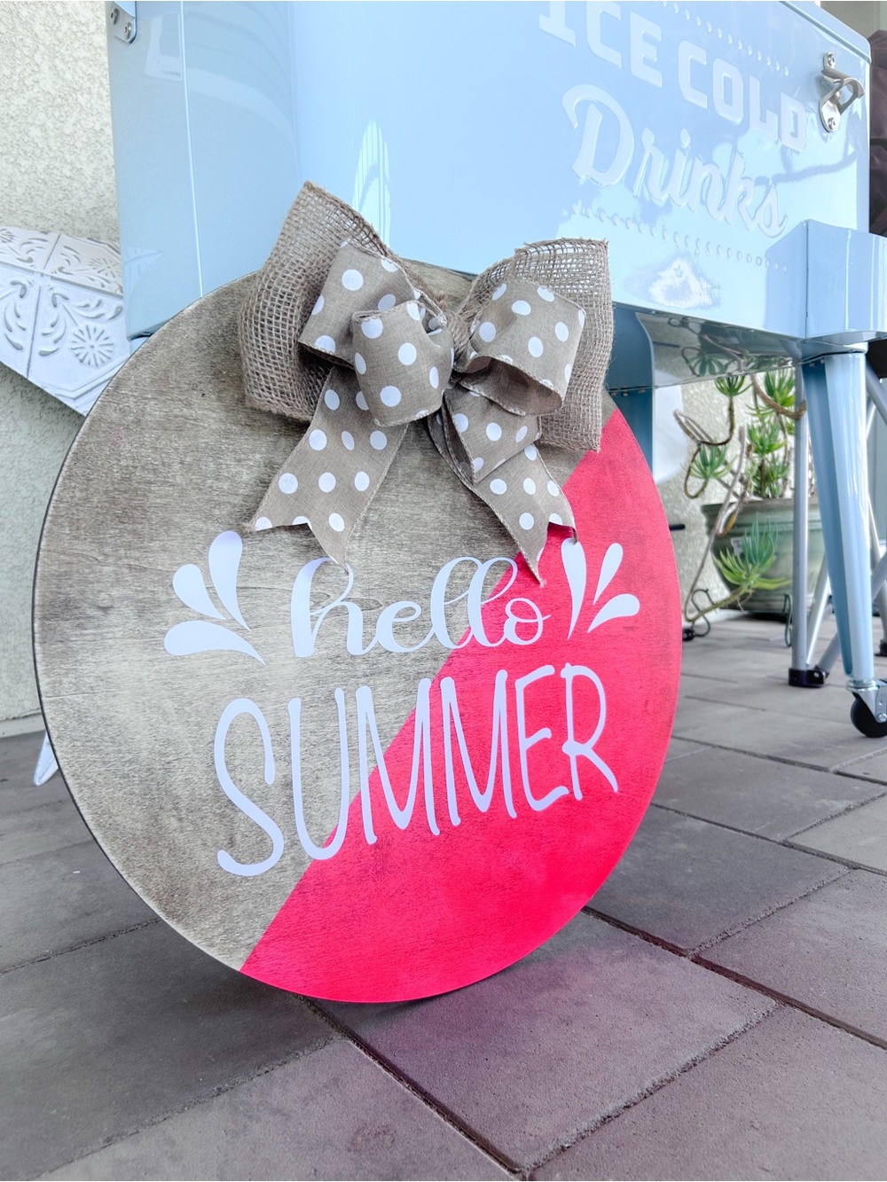 Hello Summer Round Wooden Sign with Burlap Bow - Pink Accent